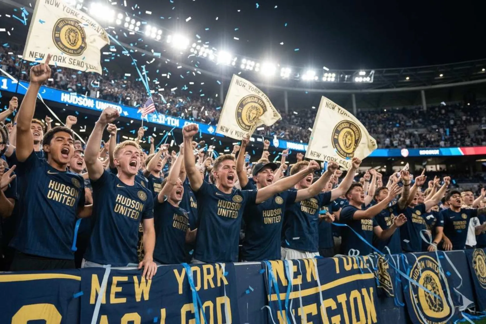 FC Hudson United supporters in navy and gold celebrating in a stadium