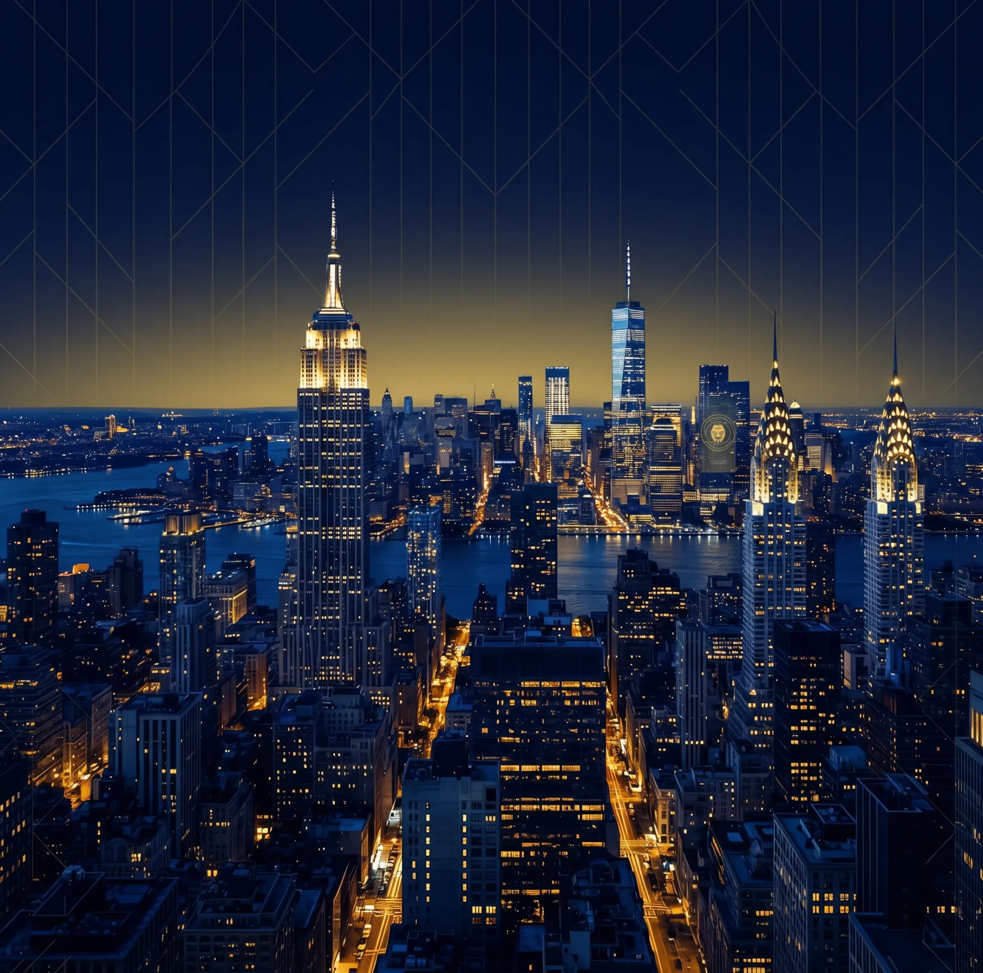 New York skyline at night in navy and gold